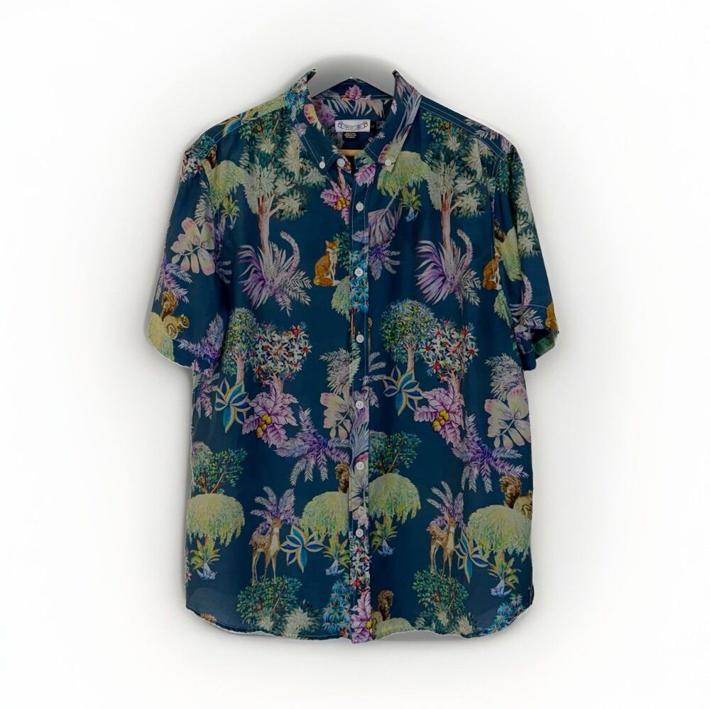 Oxford Lads Size L Button Down Floral Deer Fox Print Shirt Cotton Silk Blend